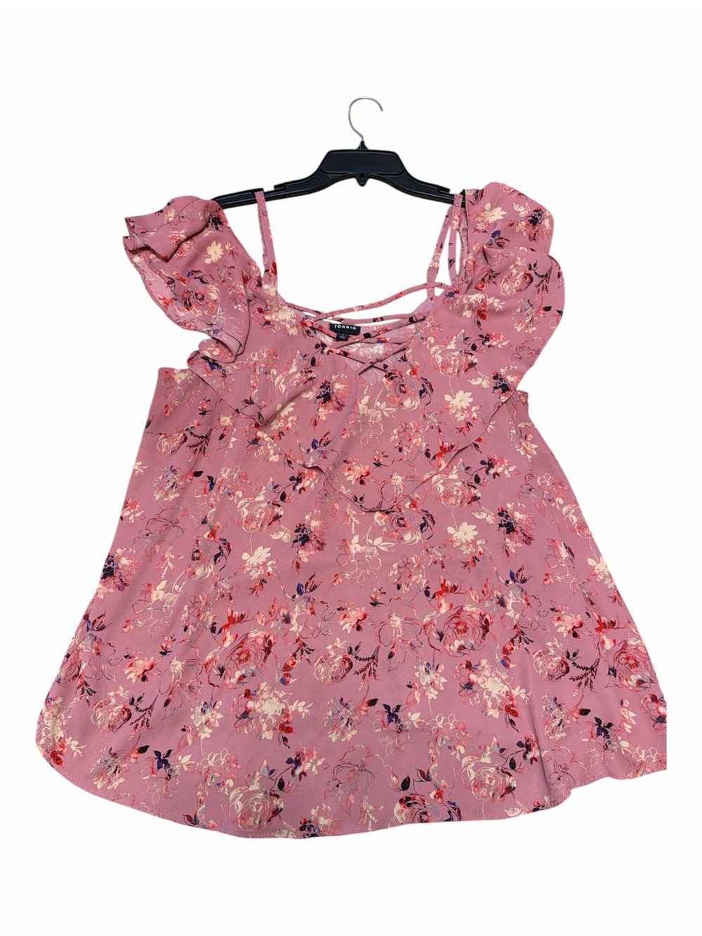 Torrid Size 1 (1X) Pink Floral Ruffle Cold Shoulder Criss Cross Blouse